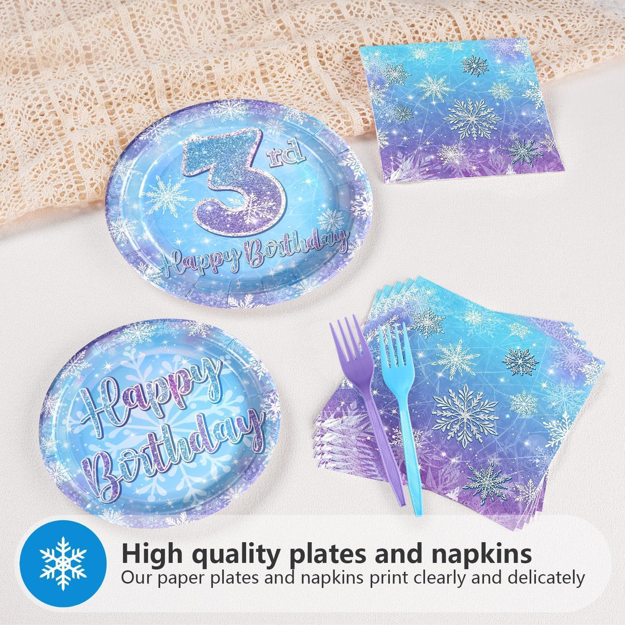 Grencian 96Pcs Frozen Party Supplies Plates Winter Onderland 3rd Birthday Plates Winter Snowflake Happy 3rd Birthday Tableware Disposable for Kids Girls Frozen Themed Party Christmas