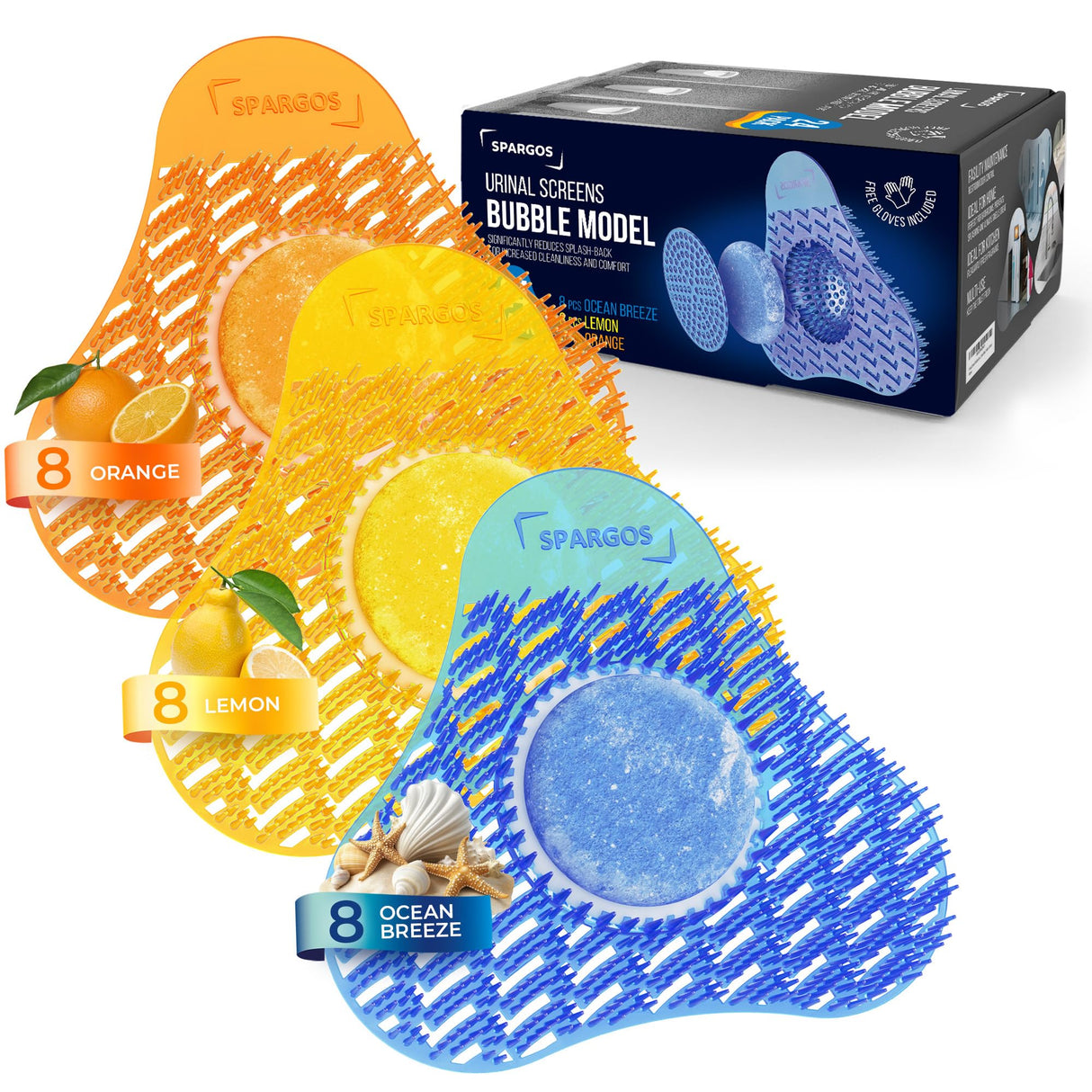 Urinal Screen Deodorizer 24 Pack - Urinal Cakes Fresh 3D Wave Anti-Splash Odor Protection Mats for Toilets in Bathroom Office Stadiums Schools - Includes Free Gloves, 8pcs Blue, Yellow, Orange