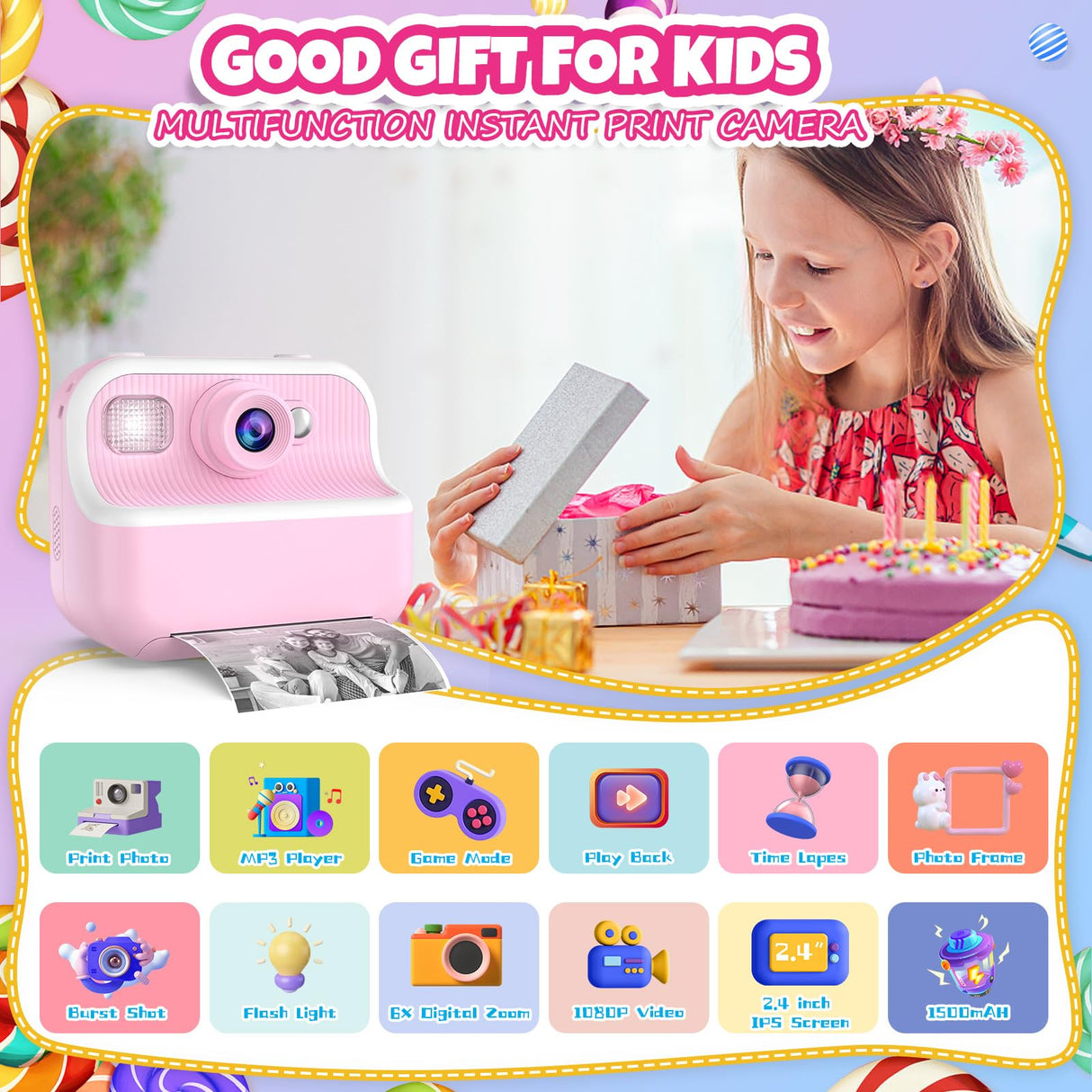 TOZDTO Kids Camera Instant Print,1080P HD Dual Lens Selfie Camera Toys for Girls & Boys Ages 3-12, Instant Photo Printing with 3 Rolls of Paper & 32GB Card, Christmas Birthday Gift for Toddlers (Pink)
