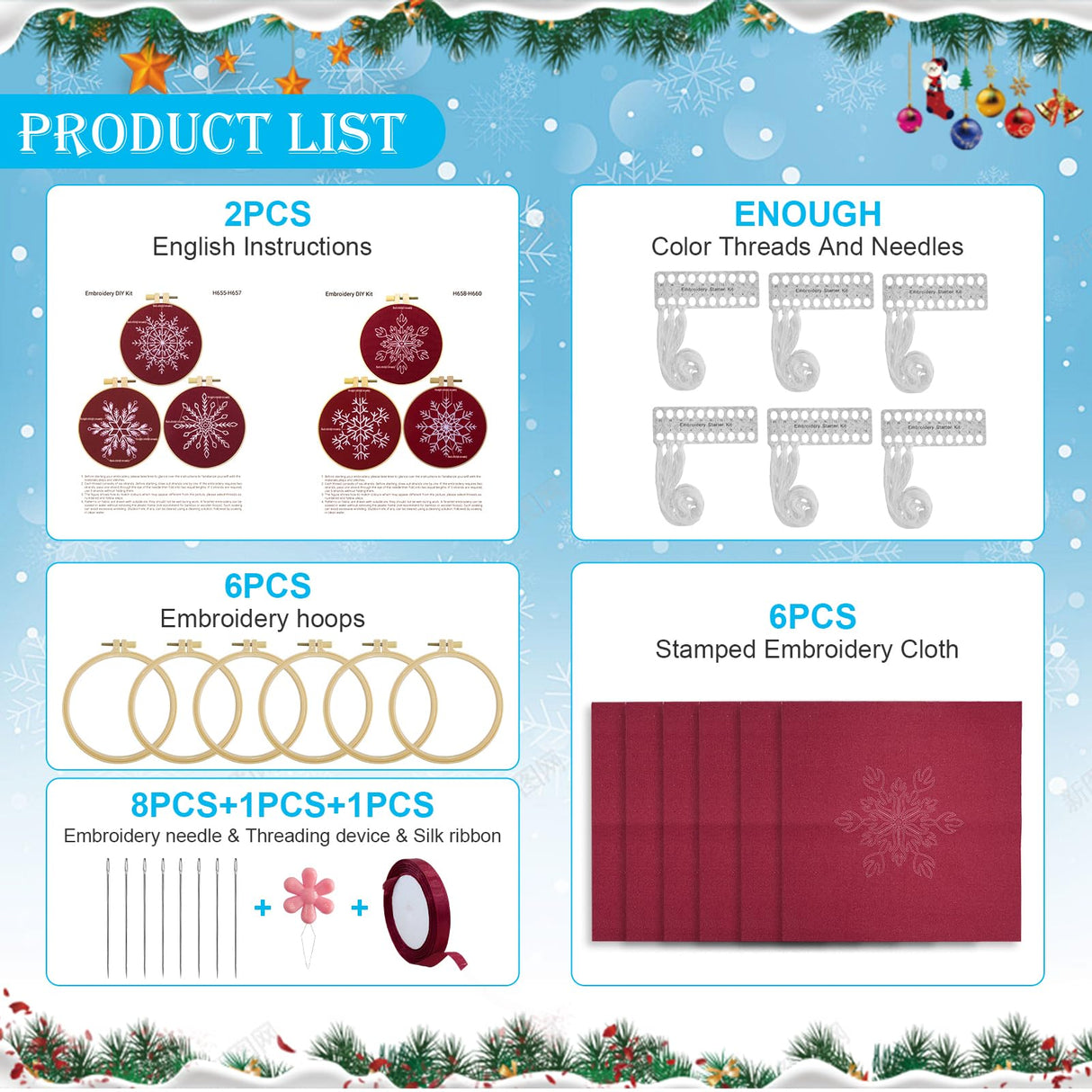 6 Sets Christmas Embroidery kit for Beginners Adults, Antique Red Christmas Ornament Kit Snowflakes Needlepoint Cross Stitch Kits with Patterns, Stitch Learning Kit with Needles Ropes Ribbon-Red