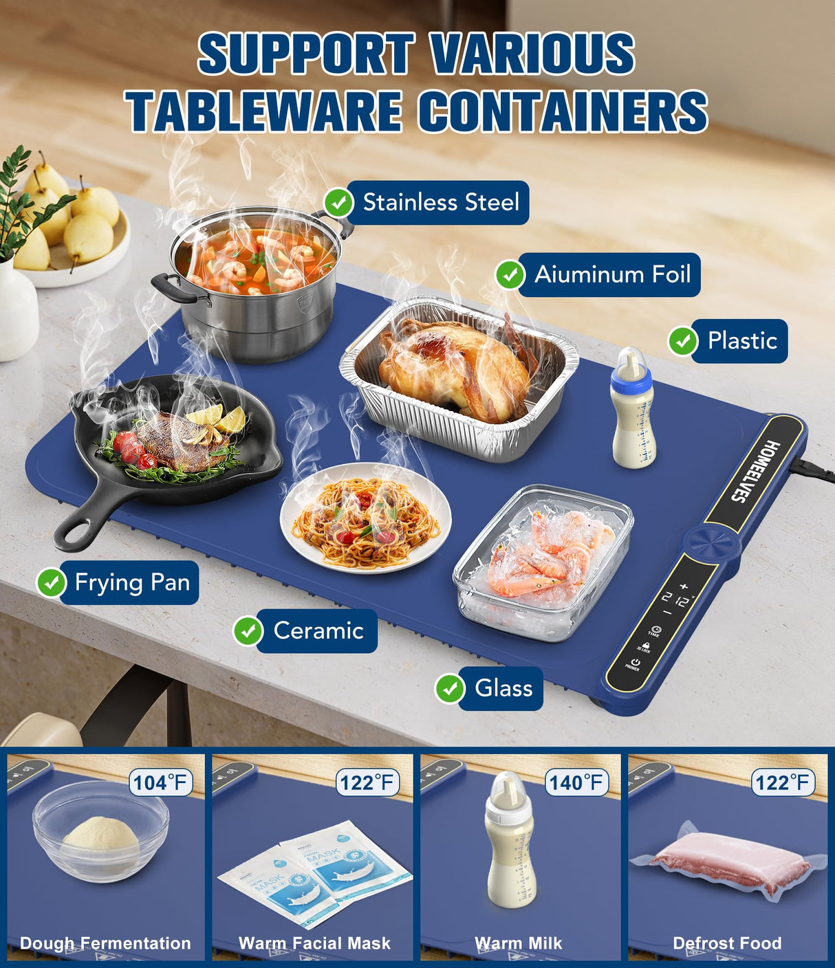 Food Warming Mat, Rapid Heating Electric Warming Tray with 9 Temp Setting and 6 Hours Timer,Foldable Warming Trays for Food, Portable Food Warmers for Parties Buffet, Blue