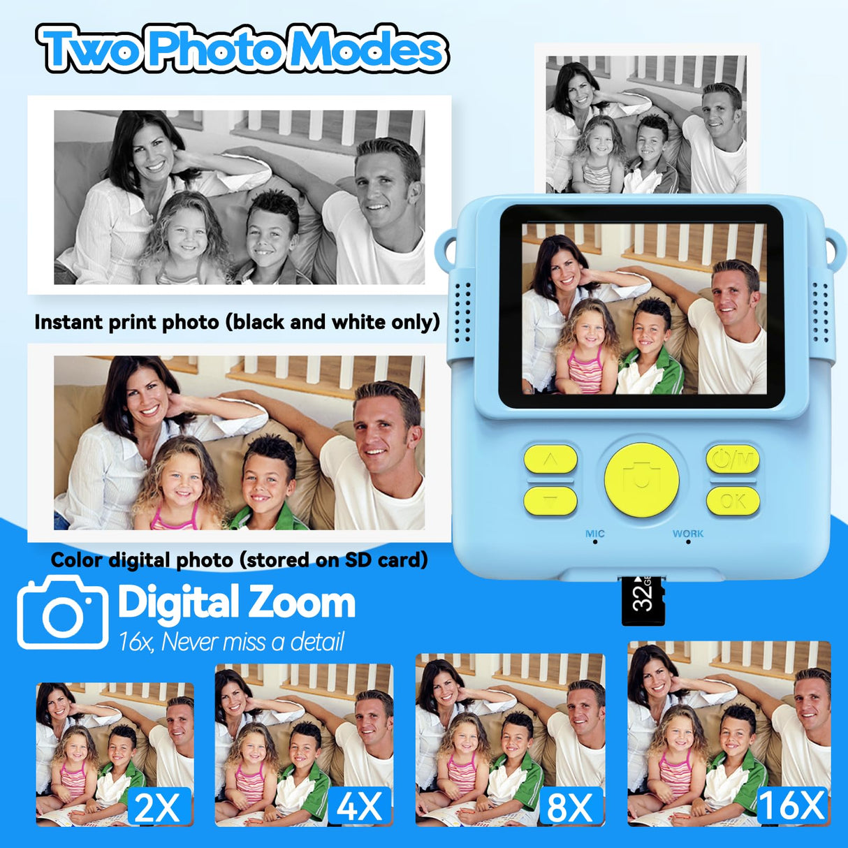 Instant Print Camera for Kids with 3 Rolls of Printer Paper, 1080P Toddler Digital Camera Toys for Age 3-12 with 32GB SD Card, Christmas & Birthday Gifts for 3 4 5 6 7 8 Year Old Girls & Boys (Blue)