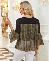 Bebonnie Flowy Sparkly Tops for Women Party: Ladies Casual Long Sleeve Dress Shirts Chiffon Blouses Plus Size Dressy Tops for Wedding Elegant Christmas Night Out Fancy Evening Wear Black Gold XXL