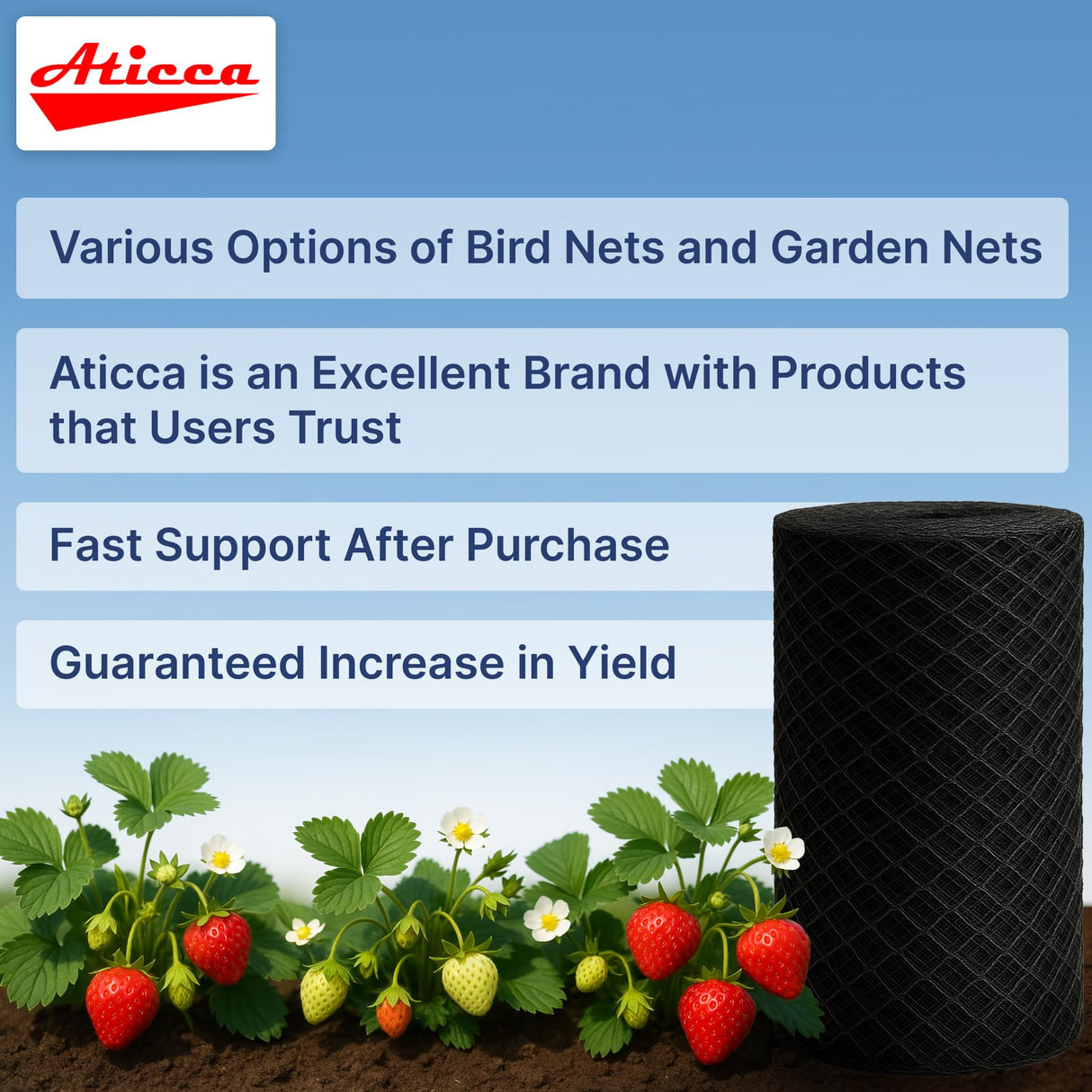 ATICCA Heavy Duty Bird Netting for Garden Protection & Fruit Trees, 7.5x65 Ft with 10 Stakes – Black Anti-Bird Net for Poultry, Deer, & Squirrel Protection, Durable Mesh for Garden and Yard Use