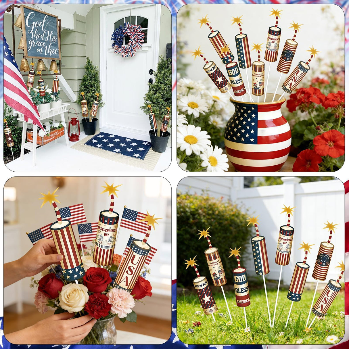 8 Pcs 4th of July Metal Firework Garden Stakes, American Flag Yard Sign, Patriotic Independence Day Memorial Day Decor for Outdoor Lawn, Yard, Garden, Walkway (Fireworks)