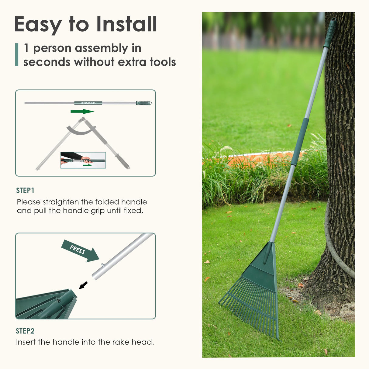 ORIENTOOLS 69" Adjustable Leaf Rake with 5-Section Handle, 26-Tine Durable Plastic Head, Dual-Use Design Converts to Leaf Scoops, Lightweight Yard Rake for Lawns, Grass, Shrubs & Garden (Foldable)
