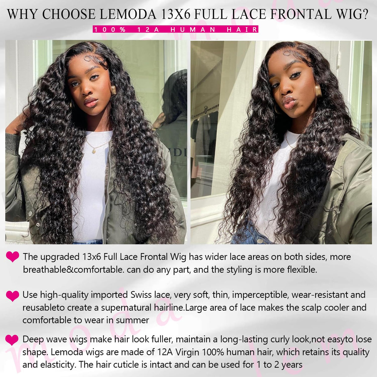 Lemoda 13x6 Full Lace Frontal Wig Human Hair 28 inch 200% Density 12A Virgin 13x6 Deep Wave Frontal Wigs Human Hair HD Transparent Lace Wig Deep Wave Lace Front Wig Human Hair Water Wave Wigs