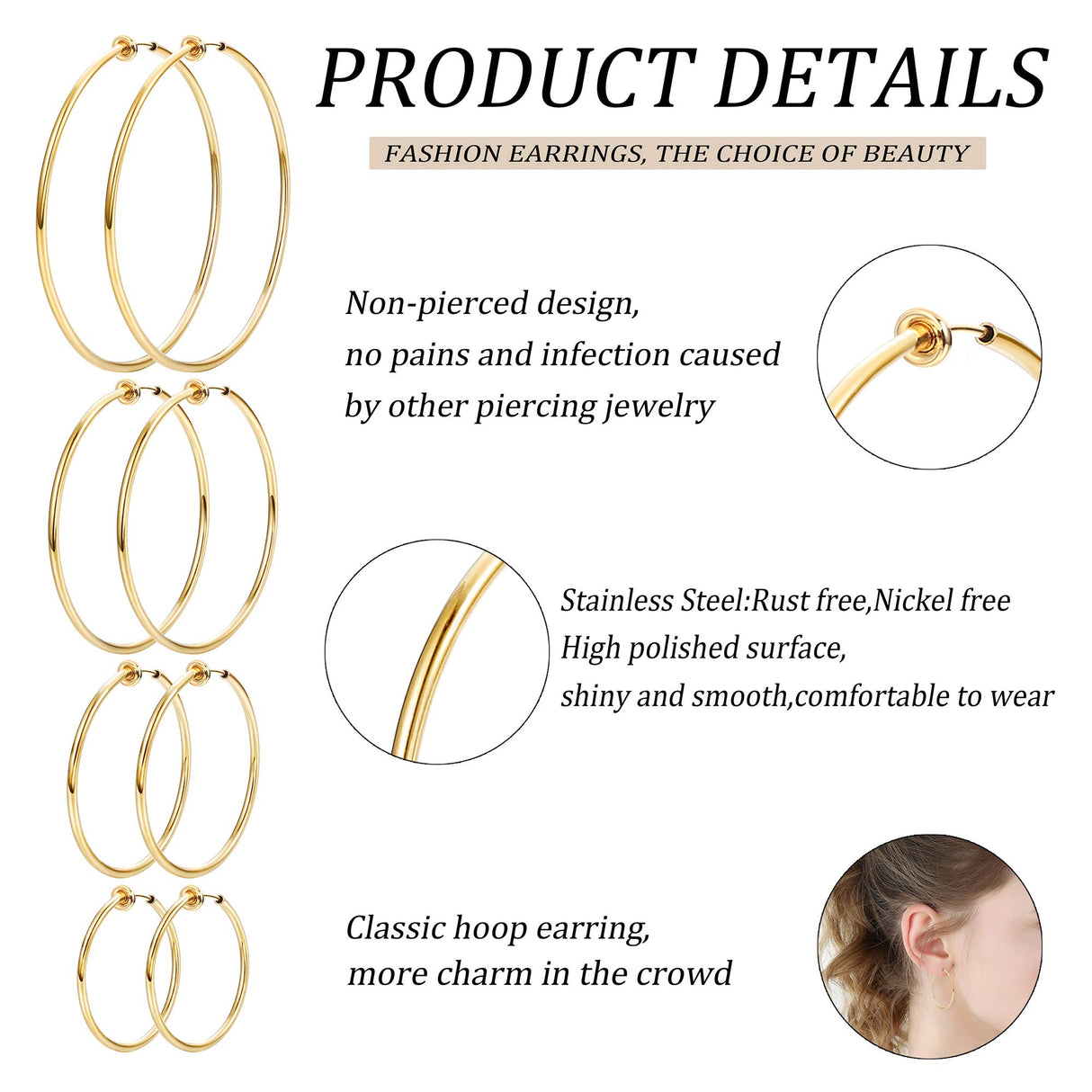 Magitaco 8 Pairs Clip On Hoop Earrings Stainless Steel Clip On Earrings for Women Fake Hoop Earring Spring Hoop Earring For Non-Pierced Ears G