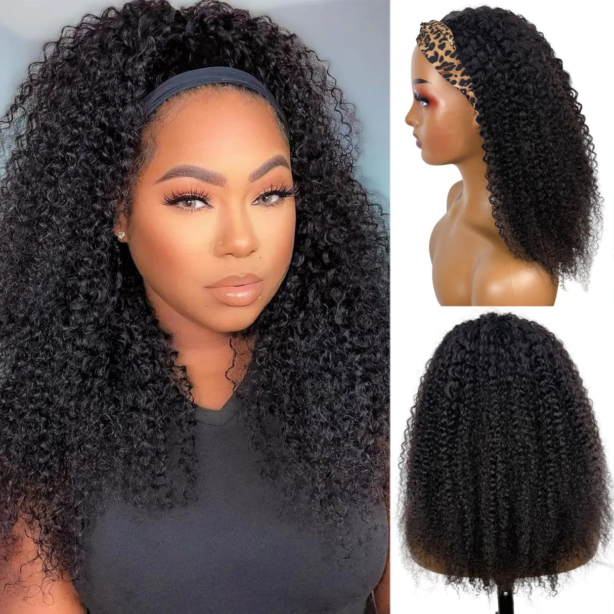 Kinky Curly Headband Wig Human Hair 20 Inch Headband Wigs for Women Human Hair Glueless None Lace Front Curly Wave Wigs Brazilian Virgin Hair Wear and Go Glueless Wig 150% Density Natural Black Color
