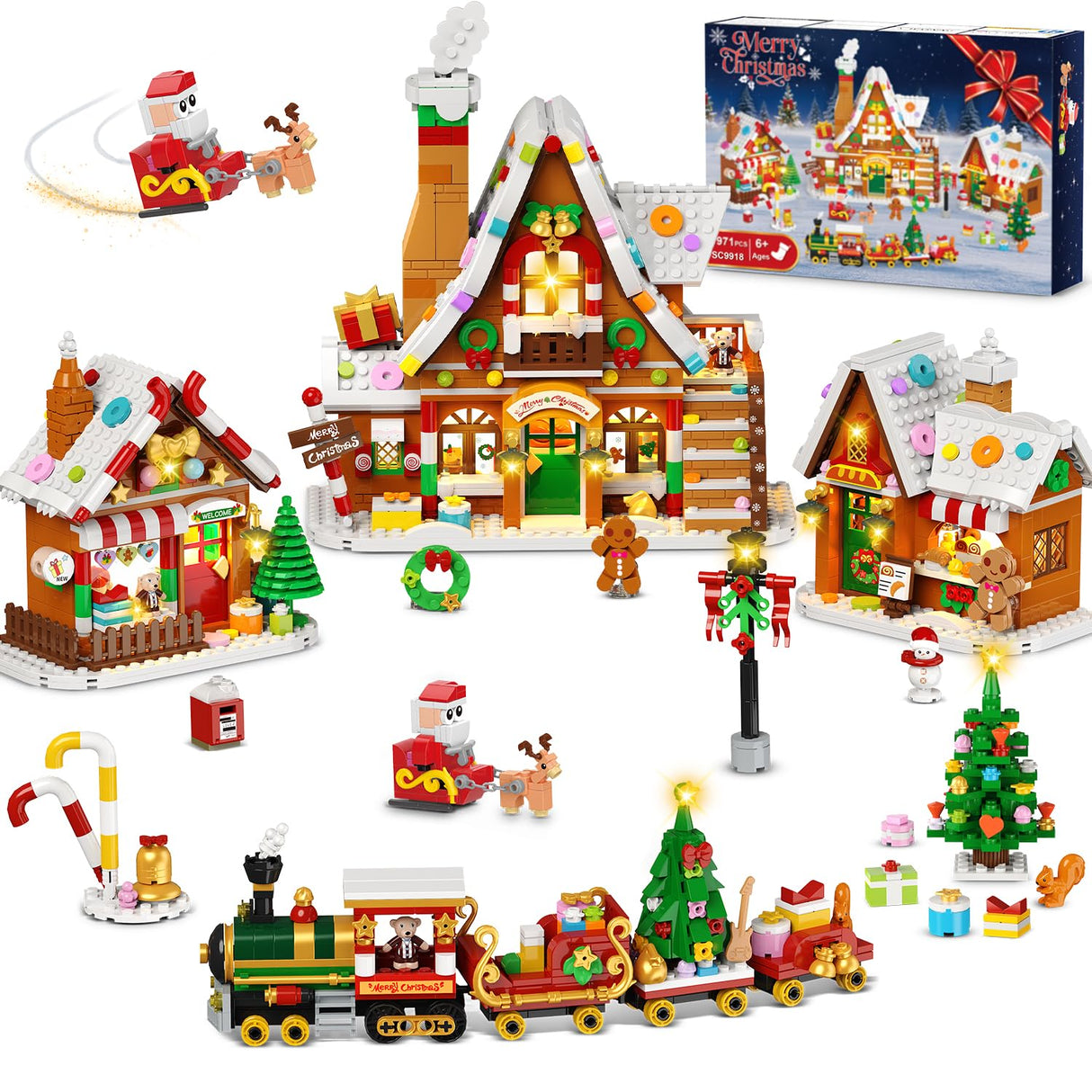 PLAXSOON Christmas Gingerbread House Village Mini Building Set with Lights, 1955 PCS Holiday Village Building Block Toy with Xmas Tree Train Santa for Home Decor, Gift for Adults Kids Girls Boys 14+