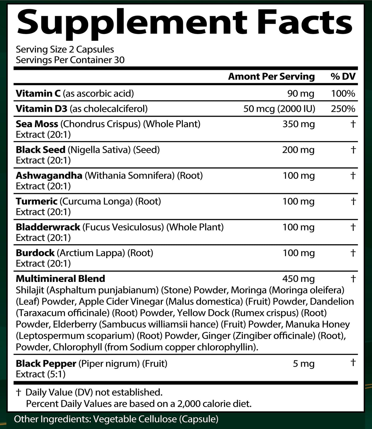 Sea Moss Black Seed Oil Ashwagandha Ginger, Organic Sea Moss Capsules with Burdock Root, Irish Seamoss Pills with Bladderwrack, Turmeric, Shilajit, Multimineral Supplement, USA (60 Capsules)