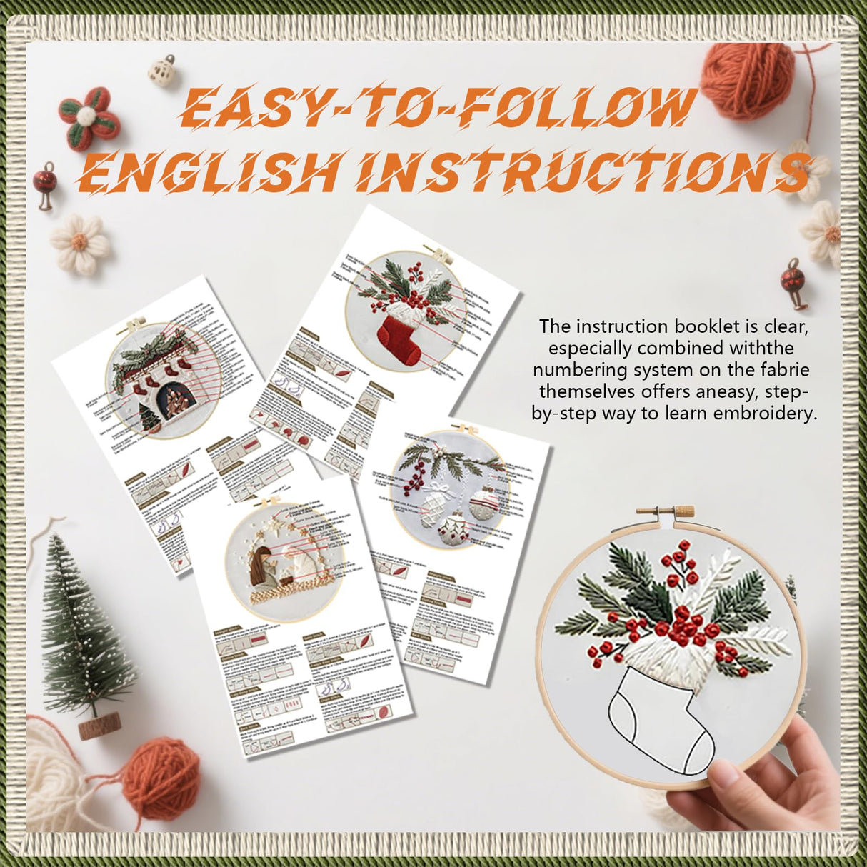 WKALXJ 4 Sets Christmas Embroidery Kits for Adults, Embroidery Kit for Beginners, Cross Stitch Kits for Beginners with Pattern, Needles, Threads, Tools (Holly+Fireplace+Stocking+Nativity Manger)