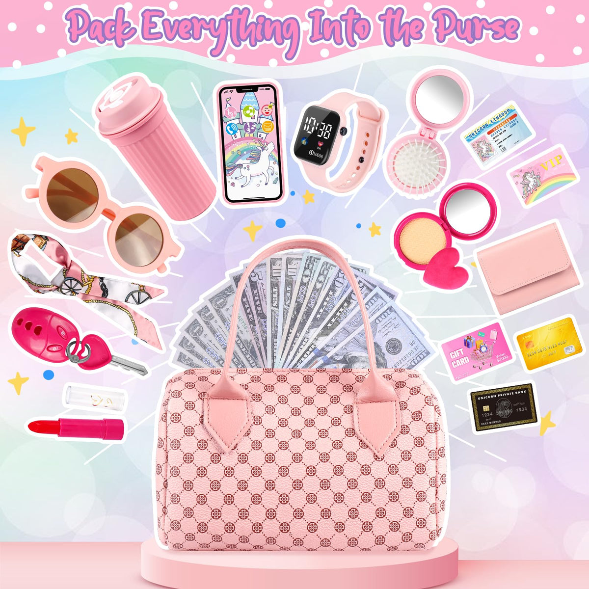 Oisacirg Play Purse with Watch, Phone, Pretend Play Toys for Girls Ages 3-8