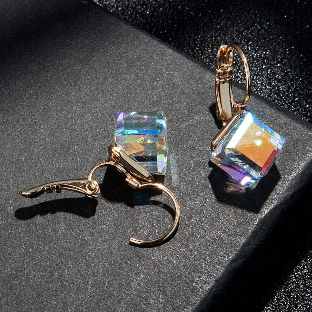 EVEVIC Austrian Crystal Cube Drop Leverback Earrings for Women