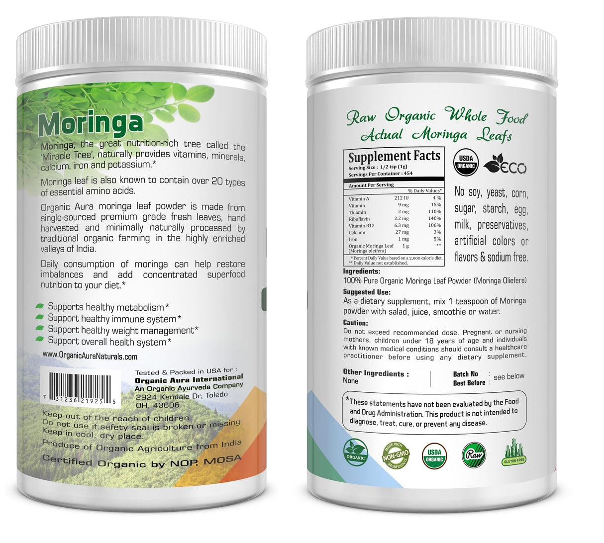 Certified Organic Moringa Leaf Powder-1Lb. USDA Certified Organic. 100% Pure and Original. Naturally boosts Energy, Metabolism & Immunity. Raw Green Whole Superfood. No GMO, Gluten Free