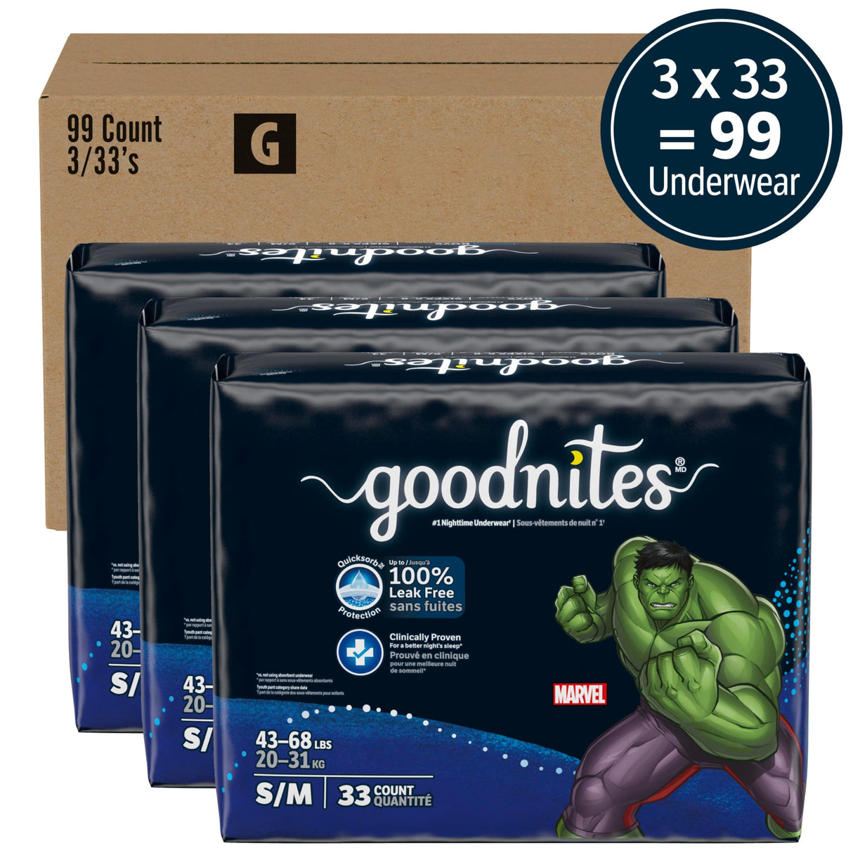 Goodnites Boys' Bedwetting Underwear, Size S/M (43-68 lbs), 99 Ct (3 Packs of 33), Packaging May Vary