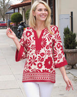 Bebonnie Office Tops for Women Work: 3/4 Sleeve V Neck Dressy Blouses for Women - Womens Blouses Dressy Casual Bell Sleeve Fall - Ladies Tunic Tops Plus Size for Holiday Christmas Multi Red XXL