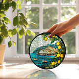 XINCEYWJ Mediterranean Tuscan Decor, Italian Lemon Amalfi Coast Suncatchers Stained Glass Window Hanging, Summer Beach Sun Catchers Indoor Window Glass Round Wall Decor, 7.9x7.9in