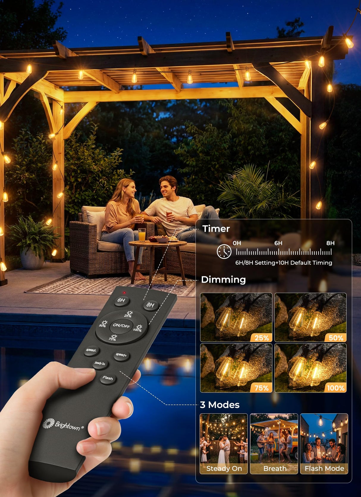Brightown 52FT Solar String Lights Outdoor Waterproof, Patio Lights with Remote and 15+1 LED Shatterproof Bulbs, Dimmable & Timable, 3 Light Modes, Solar Lights Outdoor for Yard Garden Camping Party