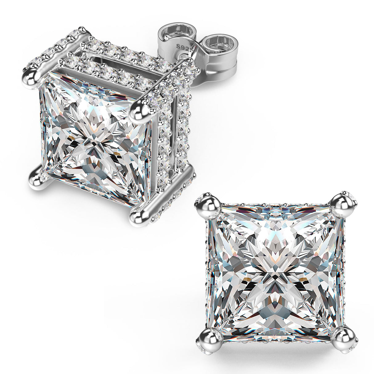 18K White Gold Plated Sterling Silver Pave Square Cubic Zirconia Stud Earrings 4 Prong Princess Cut CZ Simulated Diamond Stud Earrings for Men Women Hypoallergenic (White Gold, 8mm)