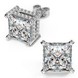 18K White Gold Plated Sterling Silver Pave Square Cubic Zirconia Stud Earrings 4 Prong Princess Cut CZ Simulated Diamond Stud Earrings for Men Women Hypoallergenic (White Gold, 8mm)
