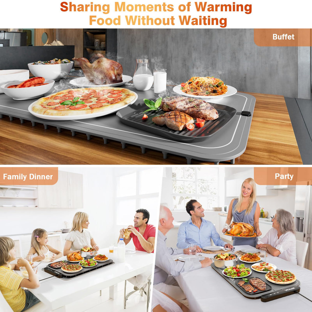 Vitaler Warming Mat for Food, Electric Warming Trays, Upgrade Graphene Fast Full-Surface Heating Mat for Food with 6 Level Temp, 6 Hours Timer, Food Warmer Pad, Not Included Heat-Insulating Mat