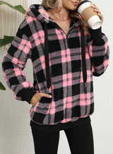 Nirovien Womens Sherpa Hoodie Fuzzy Sweatshirt Fleece Jacket Christmas Sweatshirt Pink Plaid Fluffy Sweaters(Plaid Pink Black,L)
