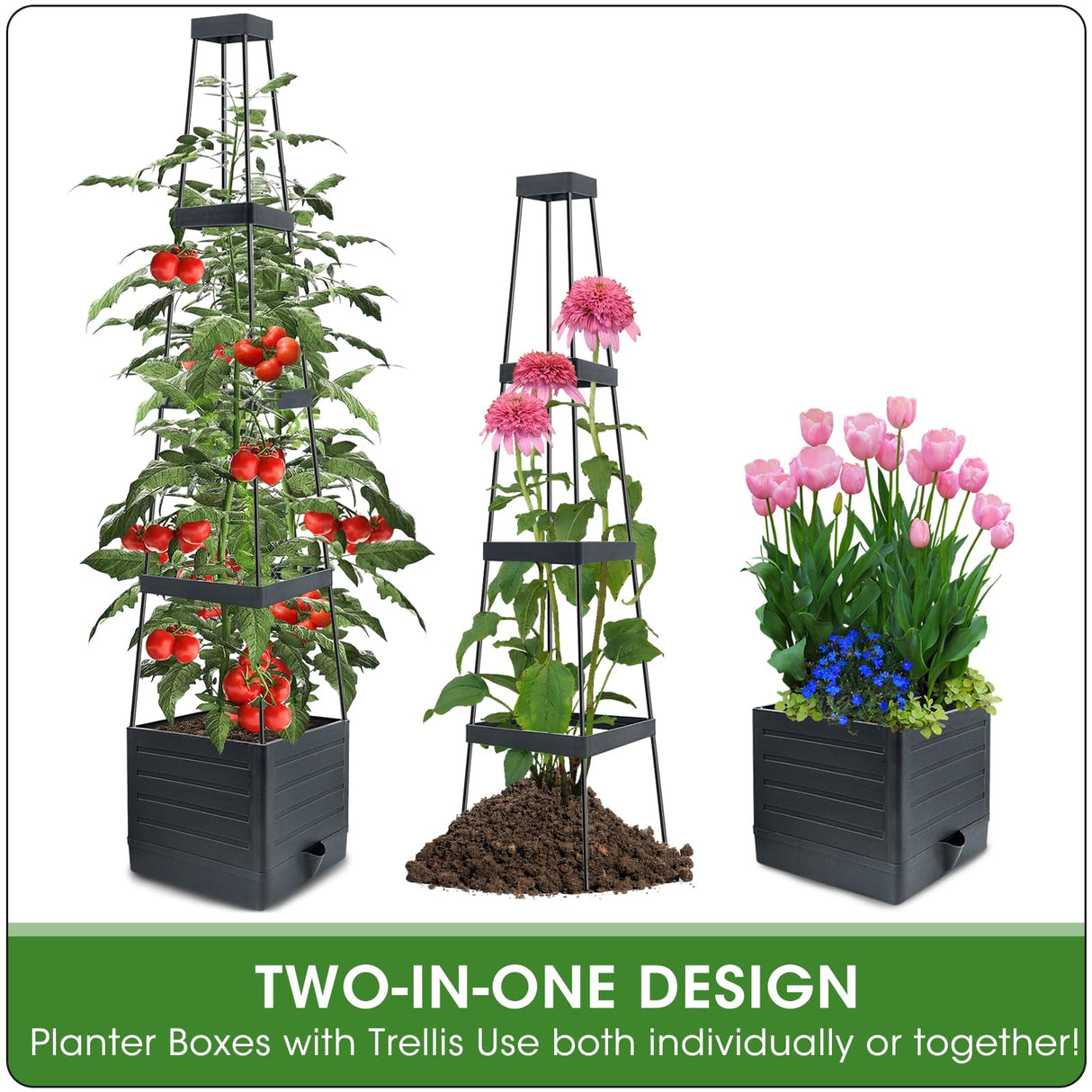 MQFORU 2 Packs Raised Garden Bed Tomato Planter with Trellis, 57" Tomato Cages for Climbing Vegetables Plant, Self Watering Planters Box for Garden Pots for Patio Greenhouse Indoor Outdoor（2PCS）
