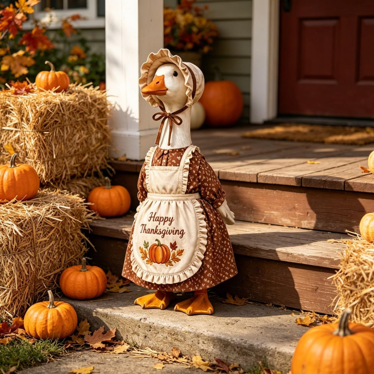 Thanksgiving Pilgrim Porch Goose Outfits Fits 23'' Lawn Goose Statue Fall Pumpkin Dress with ''Happy Thanksgiving'' Apron & Bonnet Costume for Autumn Yard, Patio Garden Decor (Brown, 23 inch)