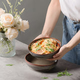 KYBSCZ 30oz Ceramic bowls set of 4-8" serving bowls for Kitchen,Pasta,Salad-Dishwasher & Microwave Safe Perfect for Housewarming, Thanksgiving, Christmas-Caramel Brown
