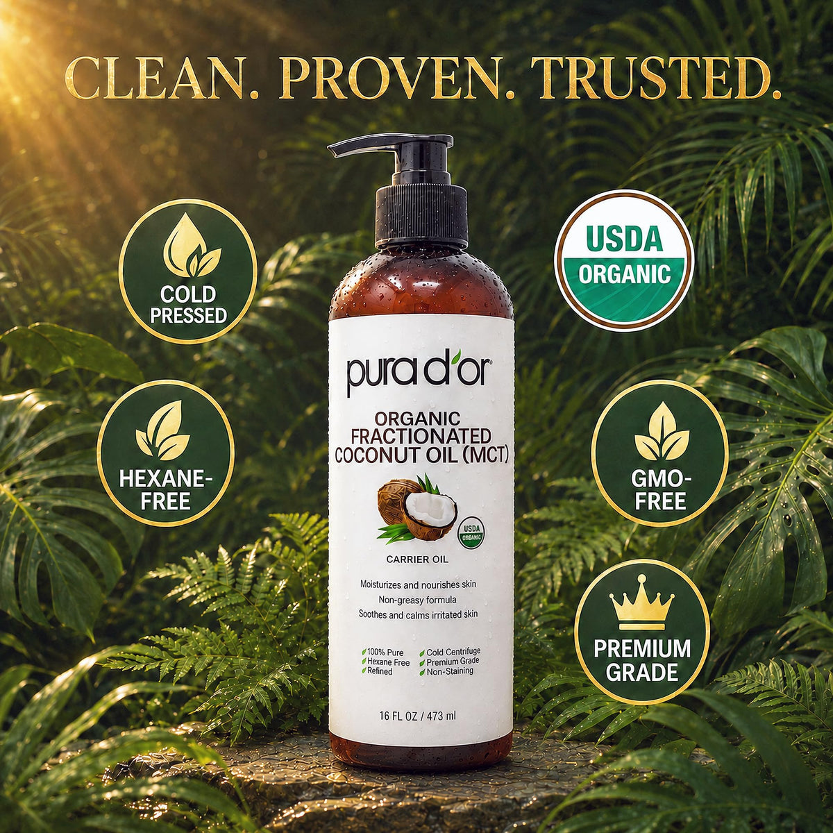 PURA D'OR USDA ORGANIC Fractionated Coconut Oil: Hair, Face 16oz