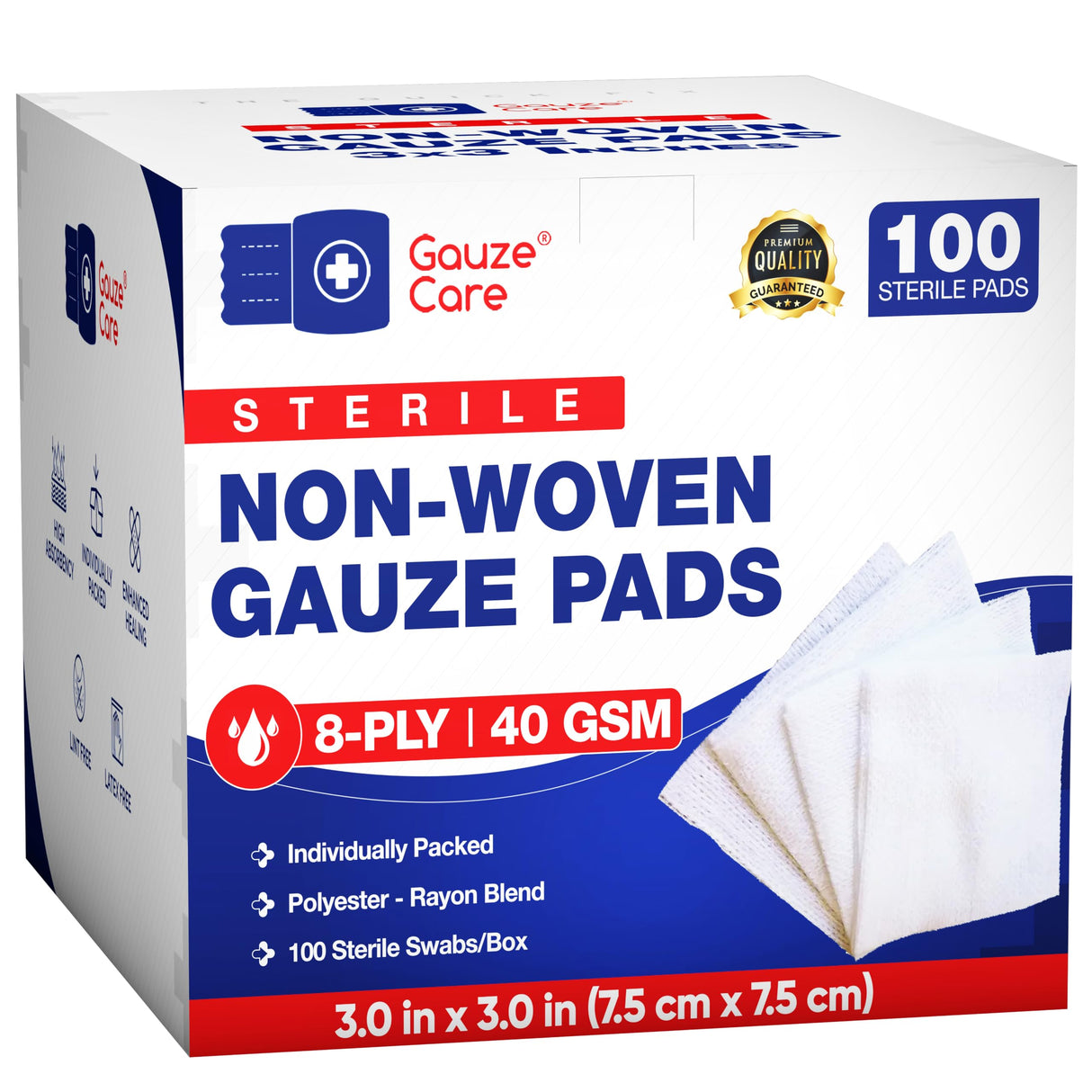 Non-Woven Sterile Gauze Pads 3x3 Pack of 100| 8-ply Gauze Sponges| Individually Packed 3x3 Gauze Pads sterile| Soft and lint-Free Medical Gauze Pads for Enhanced Absorption and First-Aid Wound Care