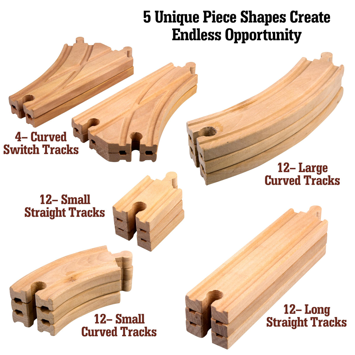 Wooden Train Track 52 Piece Set-18 Feet Of Track Expansion - 5 Distinct Pieces - 100% Compatible with All Major Brands Including Thomas Wooden Railway System: Screen Free Christmas Gift For Toddlers