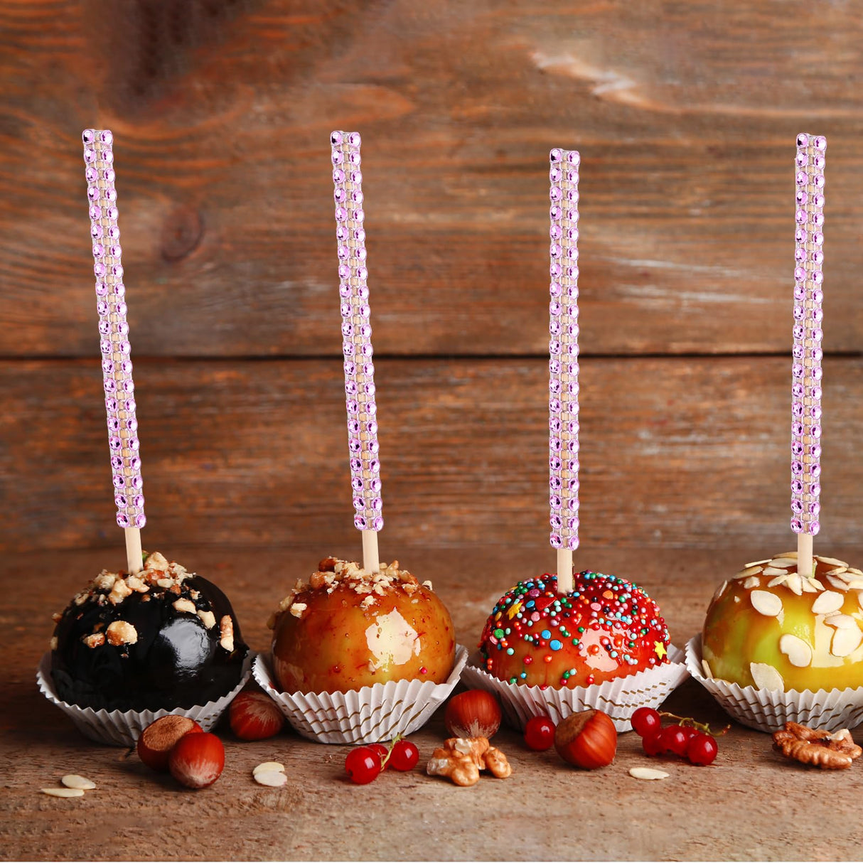 ASTARON 24 Pack Glitter Bling Candy Apple Sticks and Bags, Cake Pop Sticks Kit Including Caramel Apple Sticks with Ribbon and Chocolate Apple Packaging Bags for Party Supplies (Pink)