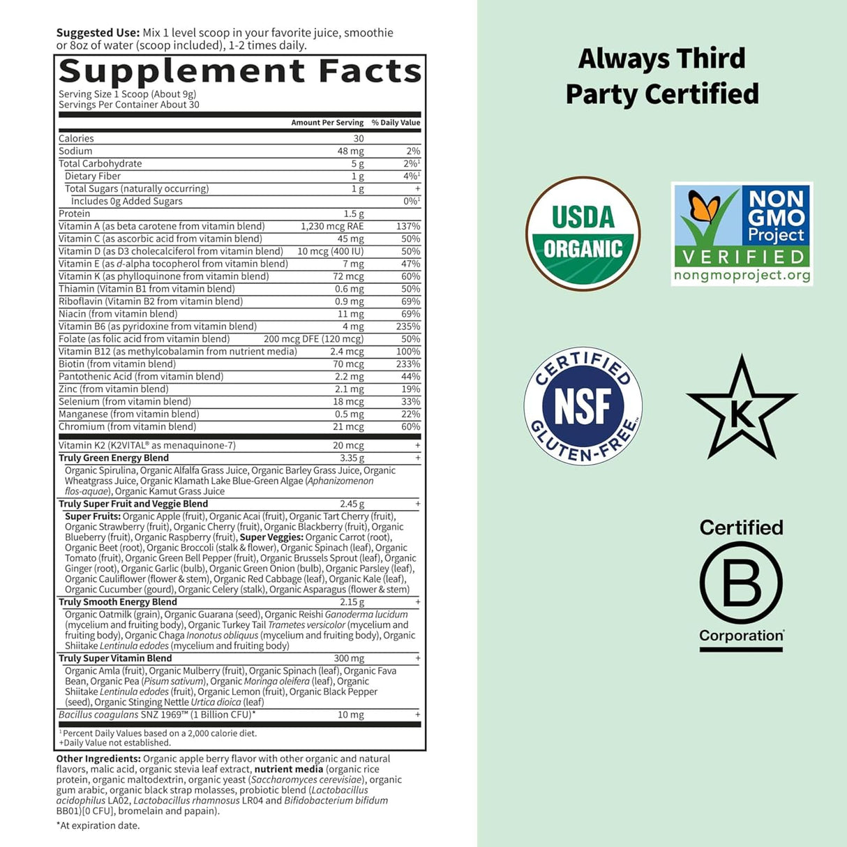 Garden of Life Sport Nutrition Greens and Superfoods Powder - Apple Berry, Organic Athletic Powder Blend with Fruits, Vitamins, Pre & Probiotics, Mushrooms Supplements, Vitamin K2, About 30 Servings