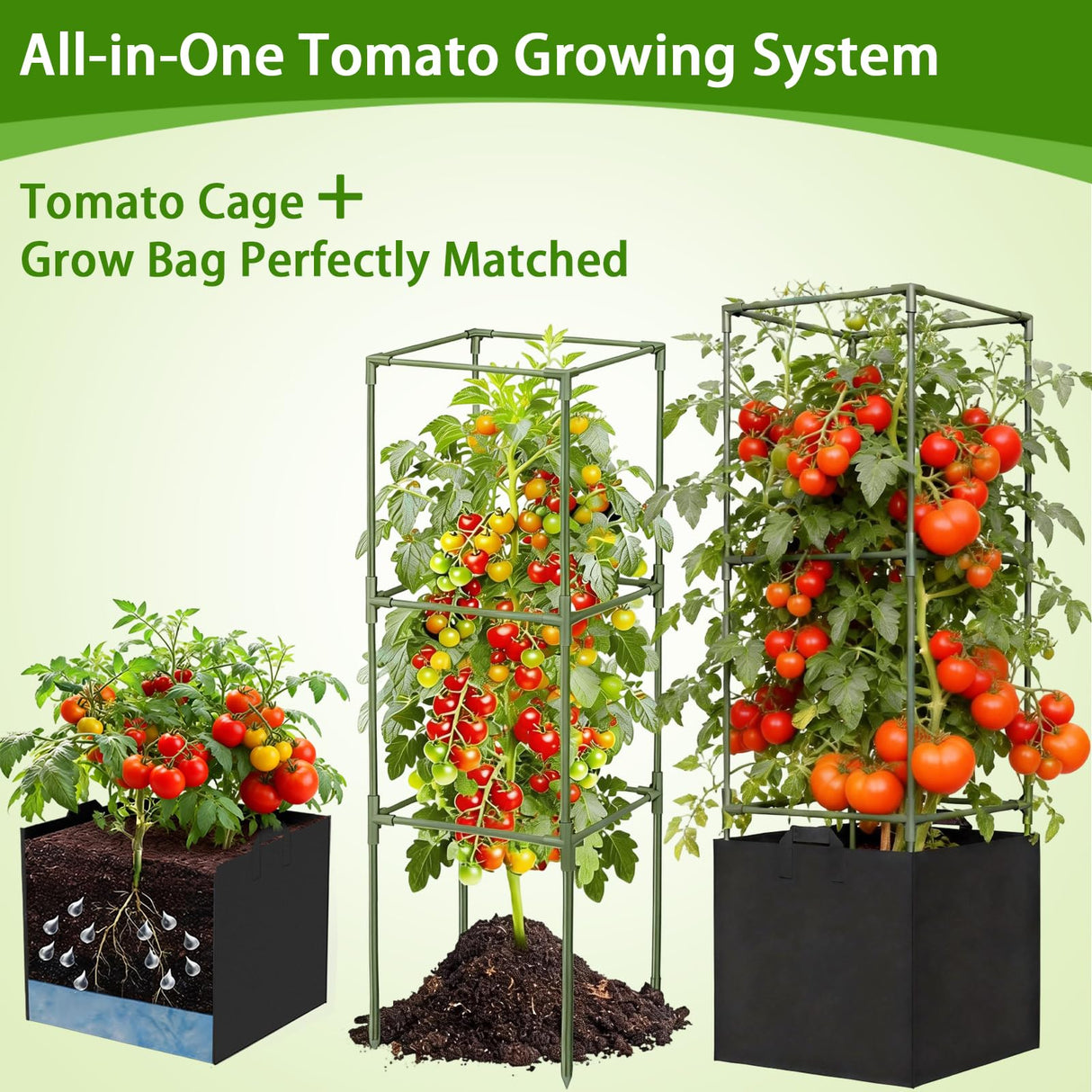 Tomato Cages for Garden, Tomato Planter with Trellis, 48in Tall Square Tomato Trellis with 18 Gallon Grow Bags, Patio & Balcony, Metal Tomato Cage for Tomatoes Cucumbers Peas Climbing Plants, 3 Pack