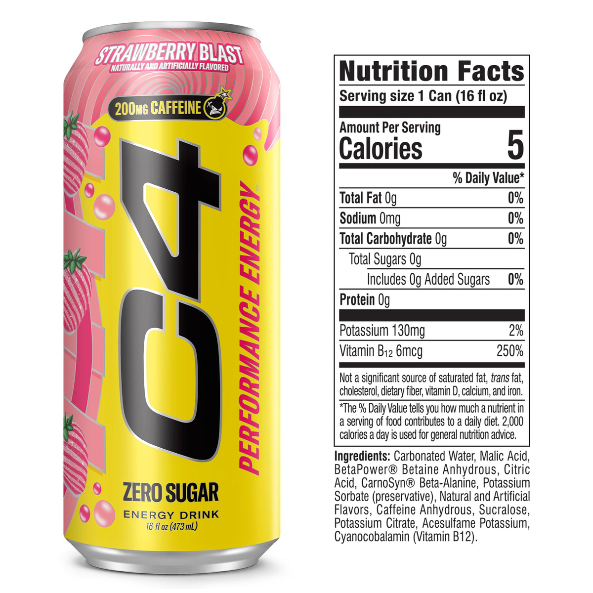 C4 Performance Energy Drink with Zero Sugar, Strawberry Blast, 12pk
