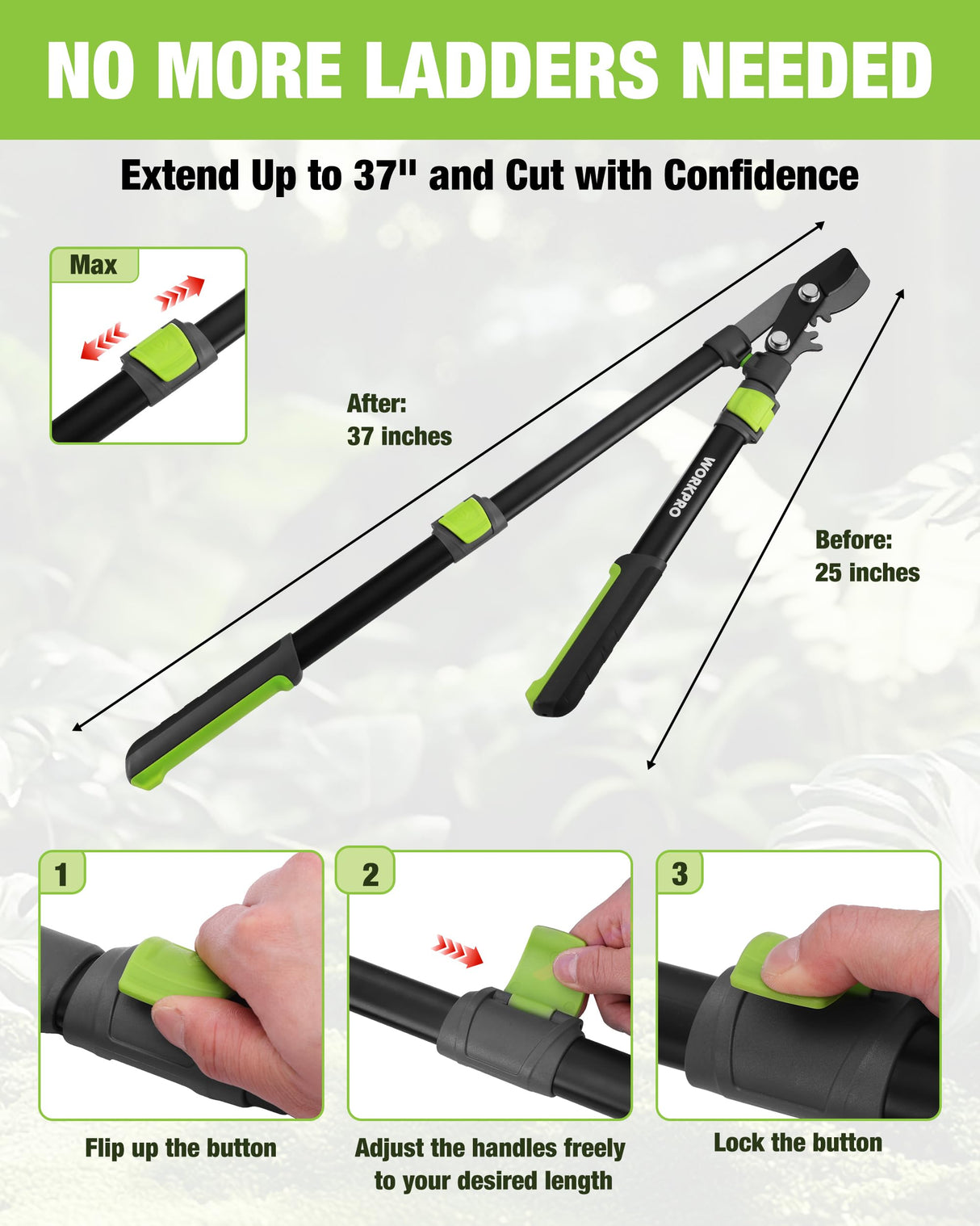 WORKPRO Extendable Bypass Lopper for Gardening, 25-37" Branch Cutter