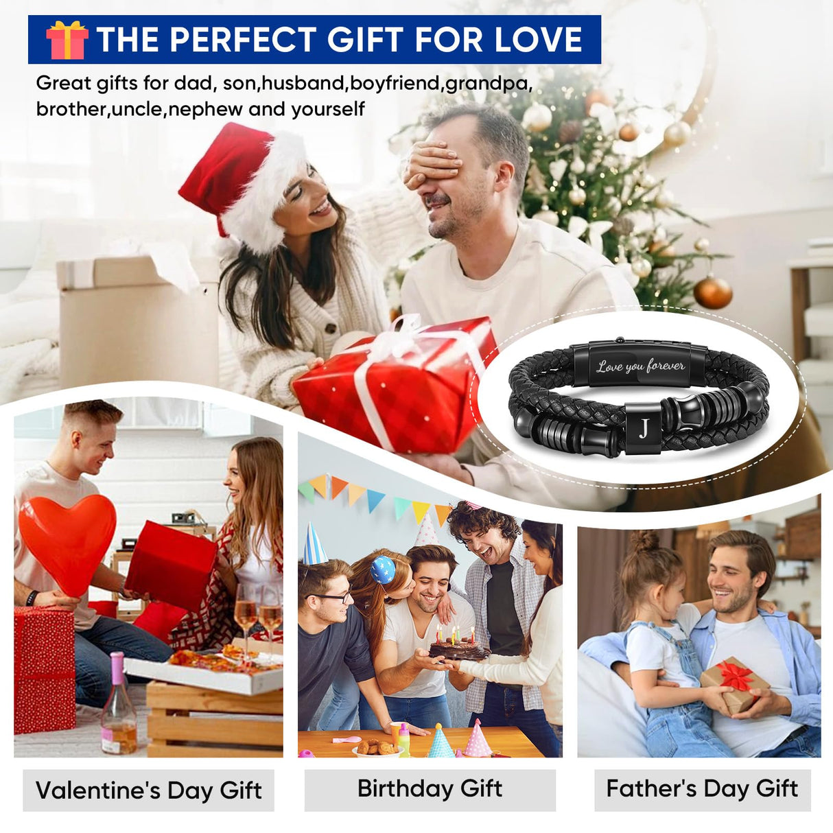 Initial Leather Bracelets for Men, Double-Row Braided Adjustable Wristband