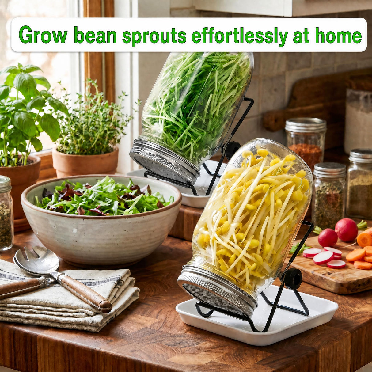 4 Large 1000ML Wide Mouth Mason Jar Sprouting Kit, with Stainless Steel Stand, Drain Tray & Cleaning Brush, High Germination for Beans, Broccoli, Fresh Sprouts