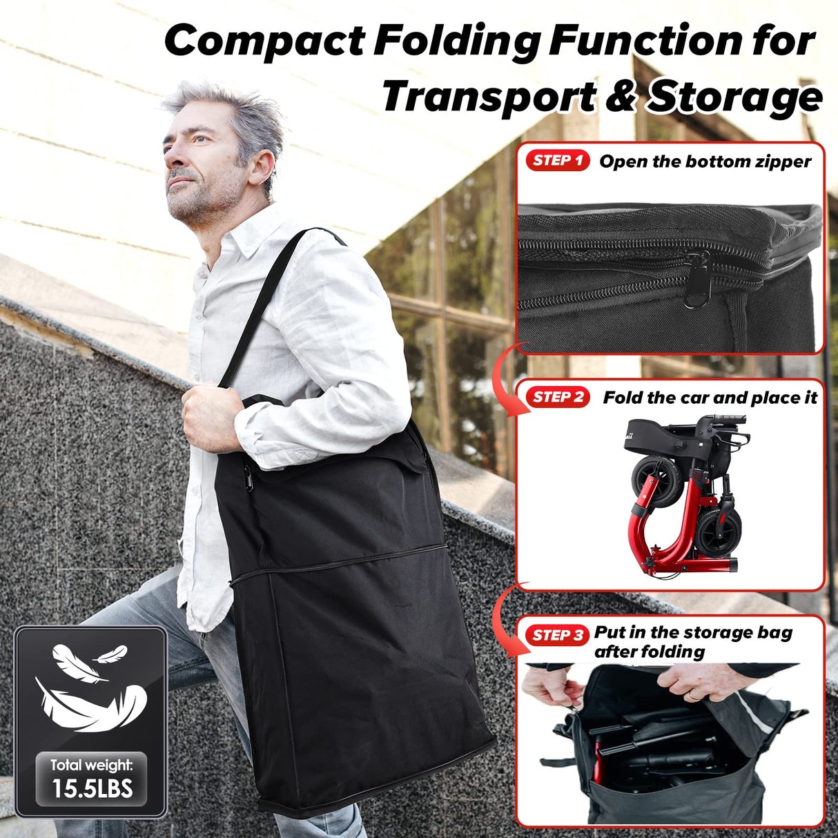 Henmnii Rollator Walker for Seniors, Lightweight Foldable All Terrain Rolling Walker with seat, Aluminum Walkers with 8 inch Rubber Wheels, Handles and Backrest for Seniors and Adult