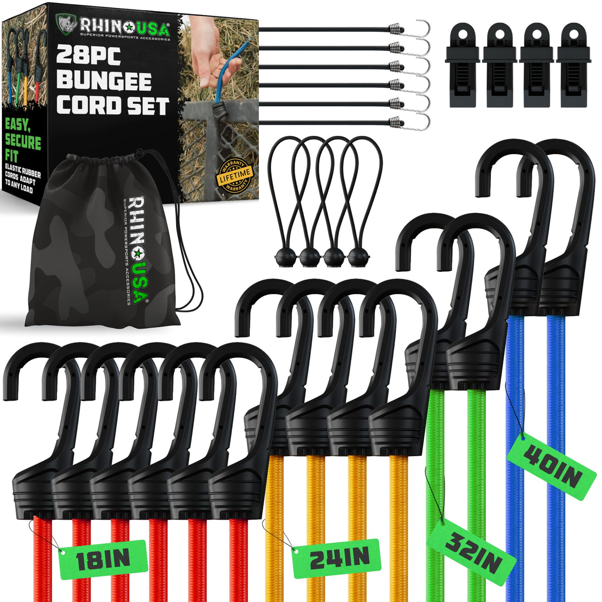 Rhino USA Bungee Cords with Hooks 28Pc Heavy Duty Outdoor Bungee Straps with Small, Short and Long Sizes - 4 Free Tarp Clips, Drawstring Bag, Canopy Ties & Ball Bungie - UV & Weather Resistant