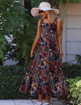 Zeagoo Summer Dress for Women Floral Spaghetti Strap Maxi Dress Casual Tiered Dresses for Women Flowy Dress Vacation Dress with Pockets M