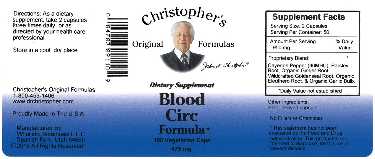 Christopher's Original Formulas Blood Circ Formula Capsules, Herbal Supplement for Cardiovascular & Circulatory Wellness, 100 Capsules