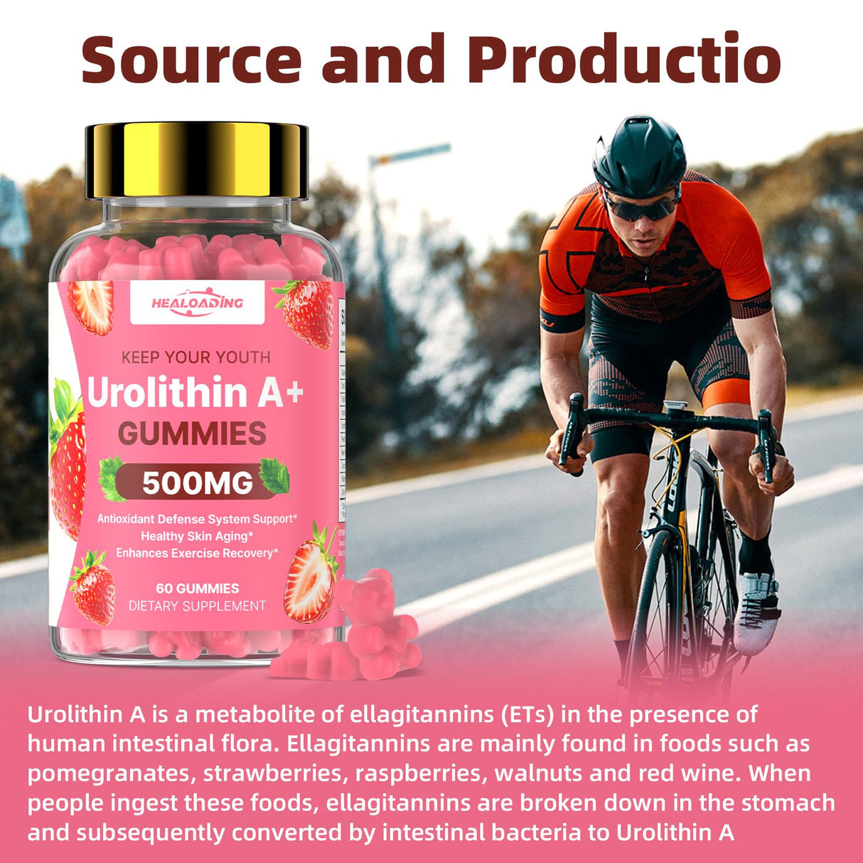 HEALOADING Urolithin A Supplement Gummies 500MG：Urolithin A+ Supplement for Healthy Aging Antioxidants and Mitochondrial Support，Non-GMO Vegan Friendly(60 Count)