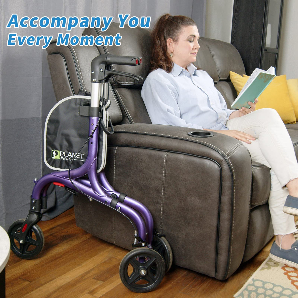 Planetwalk Premium 3 Wheel Rollator Walker for Seniors - Ultra Lightweight Foldable Walker for Elderly, Aluminum Three Wheel Mobility Aid, Dark Purple