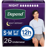 Depend Night Defense Adult Incontinence Underwear for Men, Disposable, Overnight, Small/Medium, Grey, 26 Count, Packaging May Vary