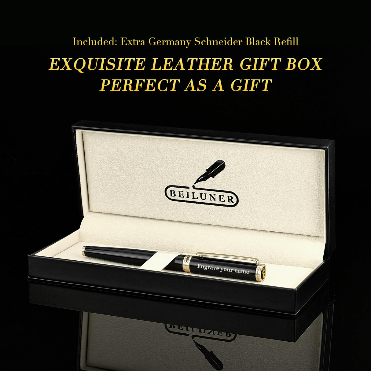 BEILUNER Black Personalized Pen,Stunning Luxury Lacquer With 24K Gold,Schneider Ink Refills,Multiple Fonts To Custom Rollerball,Gift Pen For Men & Women,Executive,Graduation,Christmas,Nice Pens