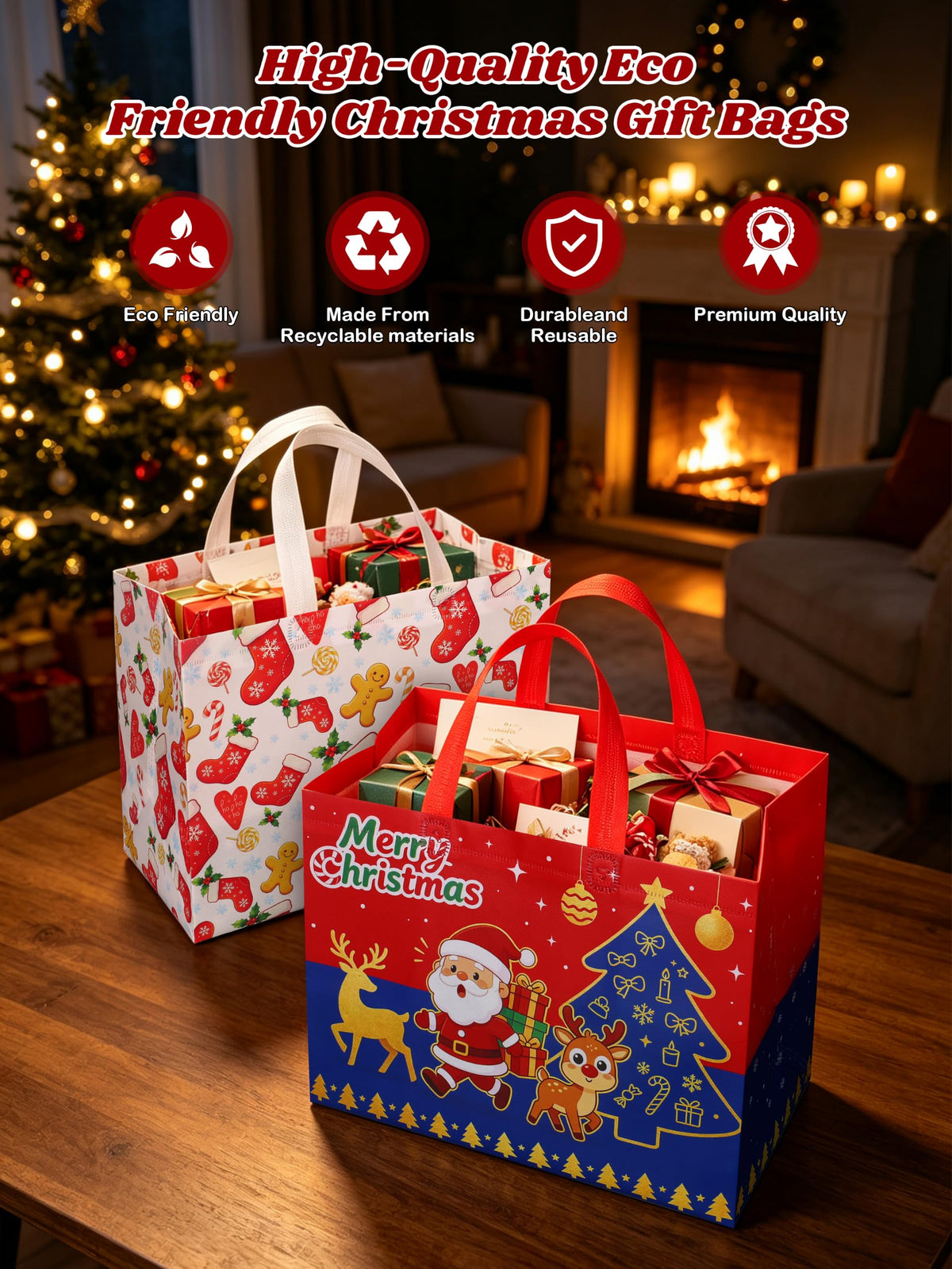 16 Pack Christmas Gift Bags 10.3×4.7×13IN Reusable Tote Bags 8 Designs