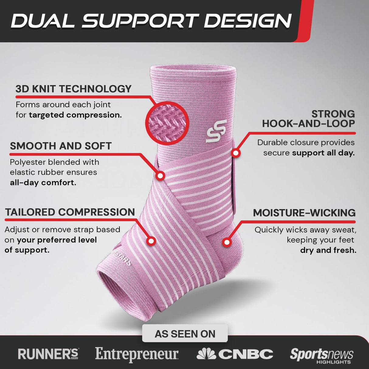 Sleeve Stars Ankle Brace for Sprained Ankle, Plantar Fasciitis Relief Ankle Support for Men and Women, Ankle Compression Sleeve w/ Strap (Single/Baby Pink)